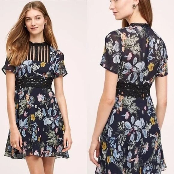 Anthropologie Foxiedox Farfara Juniper Dress Size M Floral Fit & Flare Mini Lace - Picture 1 of 11